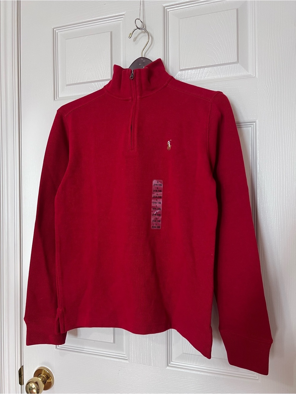[NEW] Polo Ralph Lauren Red Estate Rib Quarter Zip Pullover Sweater Sz L (14-16) - Picture 3 of 12
